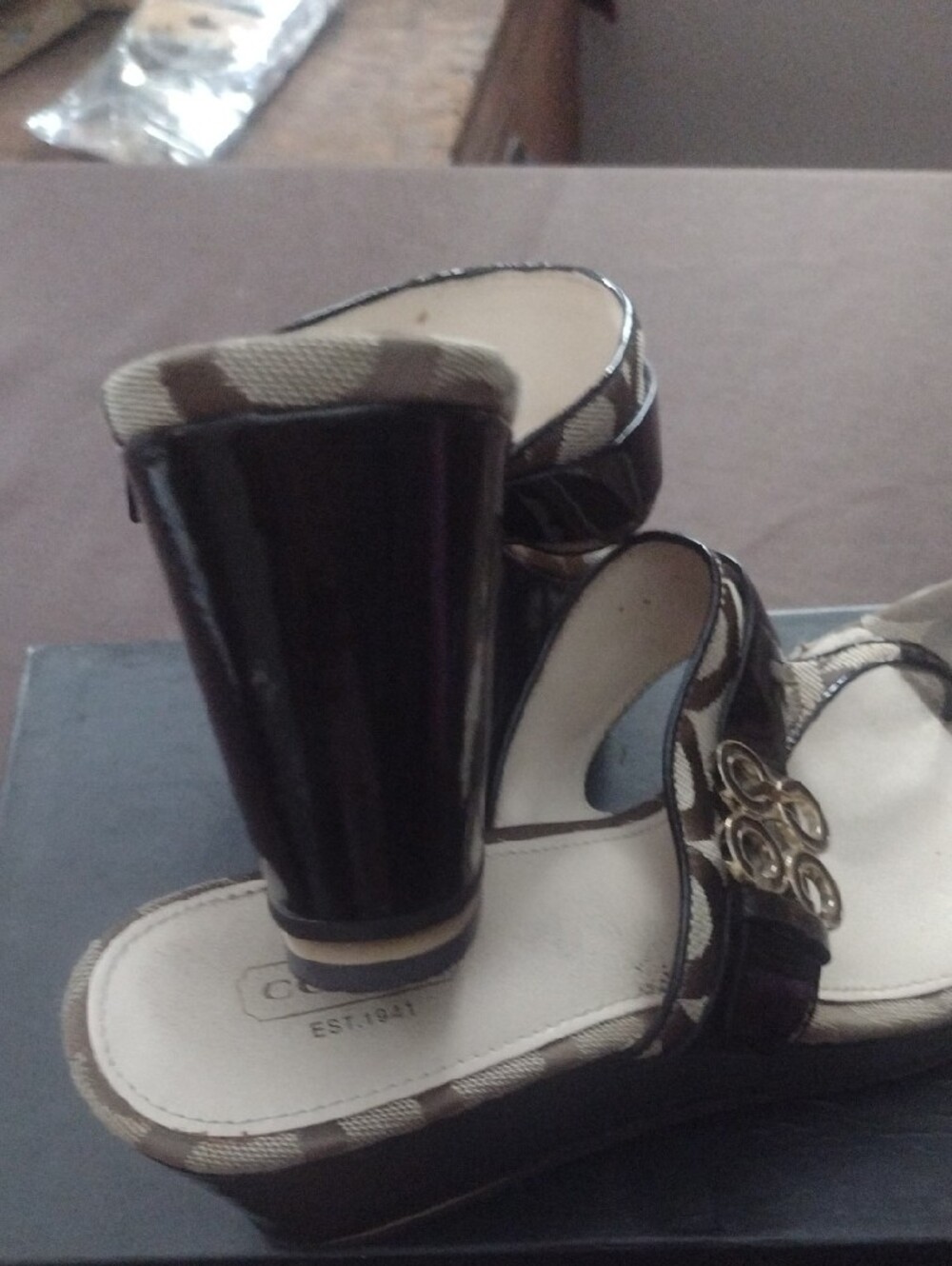 Coach Brown and Black Signature Monogram Wedge Sandals - Picture 4 of 8